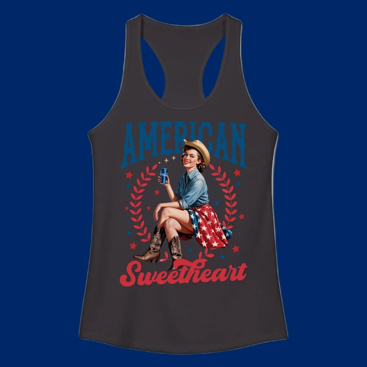 A vintage American sweetheart pin-up girl wearing a cowboy hat and American flag skirt, holding a Coca-Cola can, framed by leaves and stars, with 'AMERICAN Sweetheart' text. This american-sweetheart-pin-up design is perfect for celebrating.
