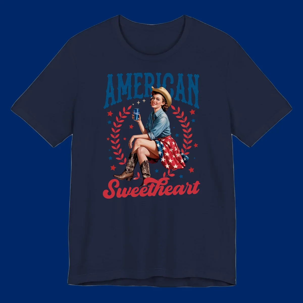 A vintage American sweetheart pin-up girl wearing a cowboy hat and American flag skirt, holding a Coca-Cola can, framed by leaves and stars, with 'AMERICAN Sweetheart' text. This american-sweetheart-pin-up design is perfect for celebrating.