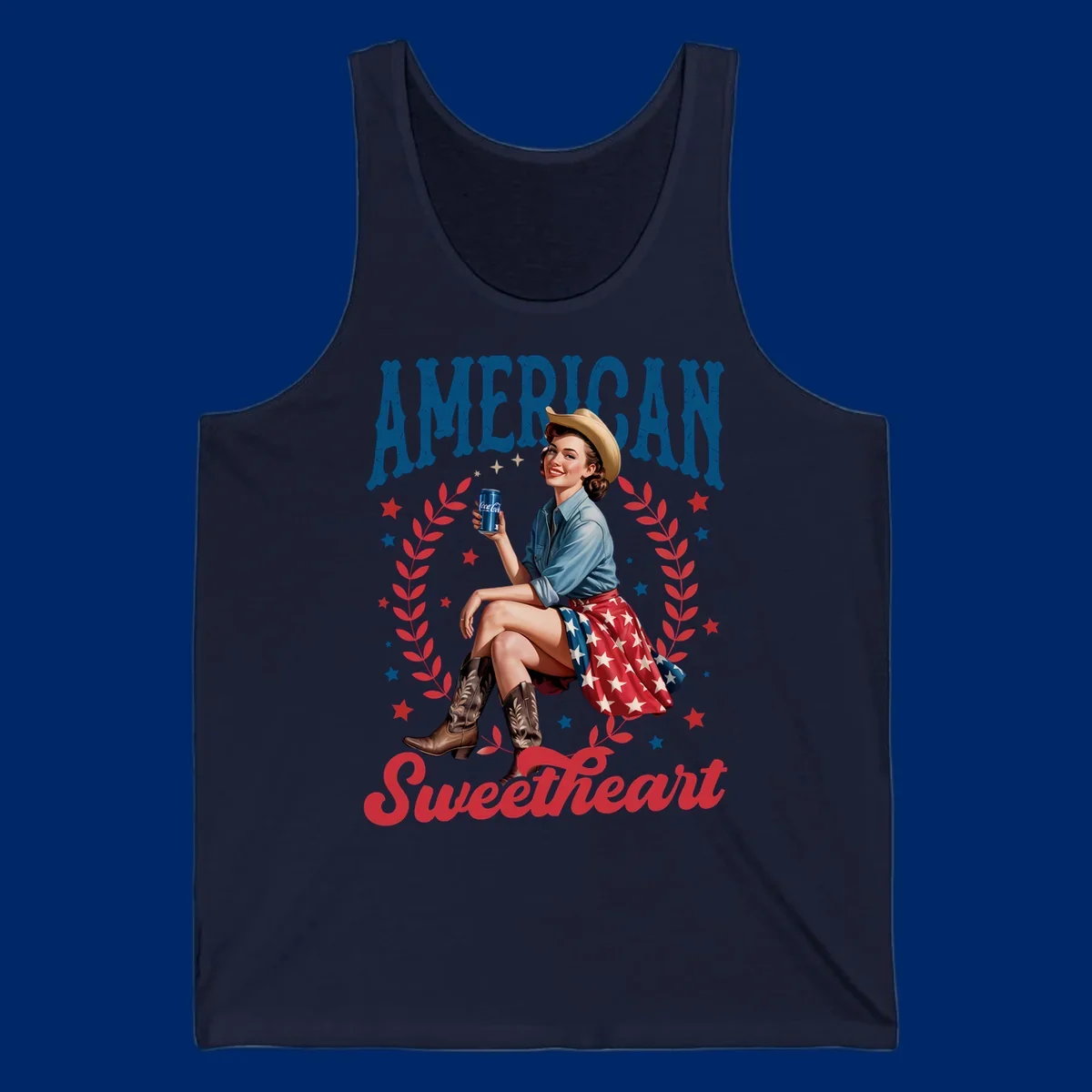 A vintage American sweetheart pin-up girl wearing a cowboy hat and American flag skirt, holding a Coca-Cola can, framed by leaves and stars, with 'AMERICAN Sweetheart' text. This american-sweetheart-pin-up design is perfect for celebrating.