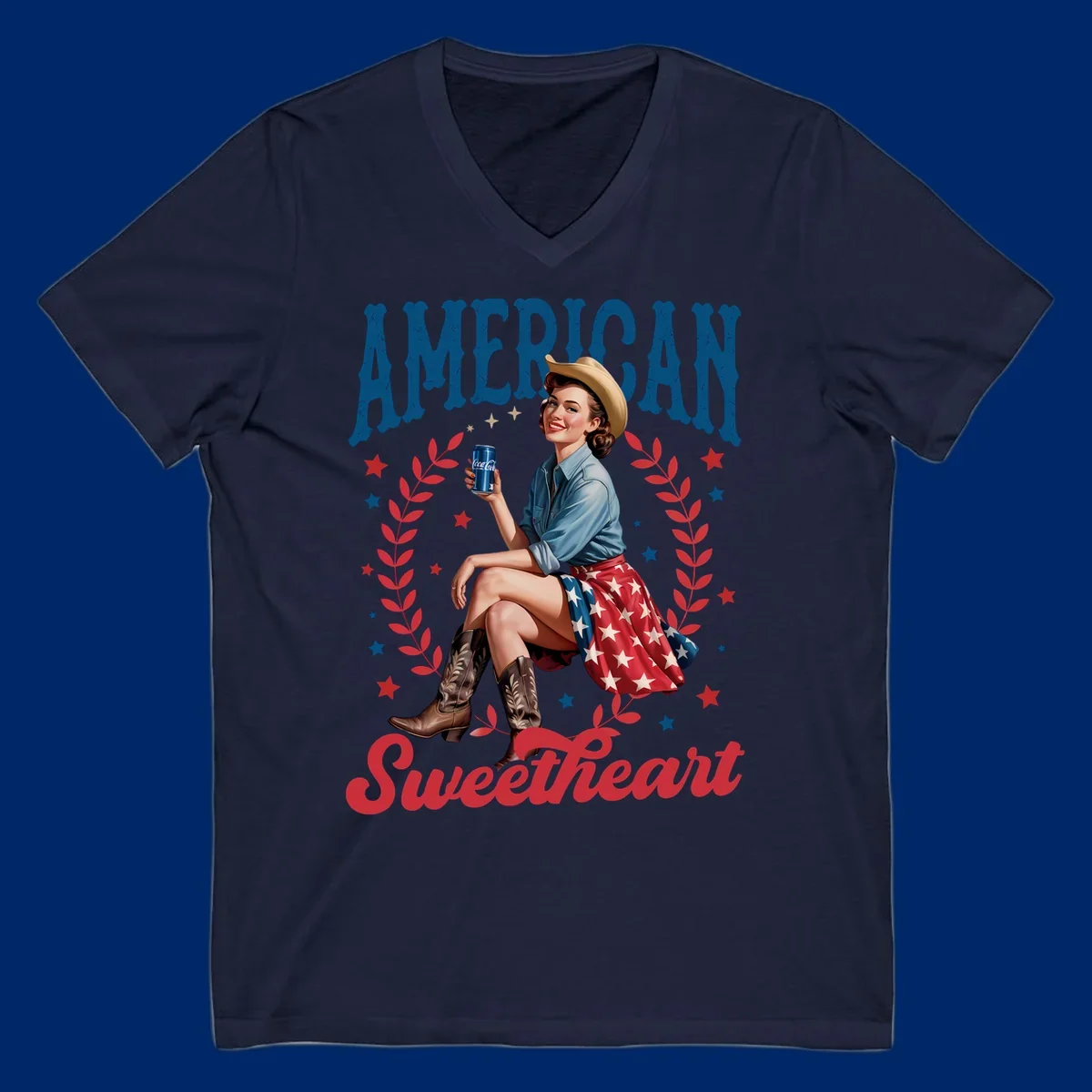 A vintage American sweetheart pin-up girl wearing a cowboy hat and American flag skirt, holding a Coca-Cola can, framed by leaves and stars, with 'AMERICAN Sweetheart' text. This american-sweetheart-pin-up design is perfect for celebrating.