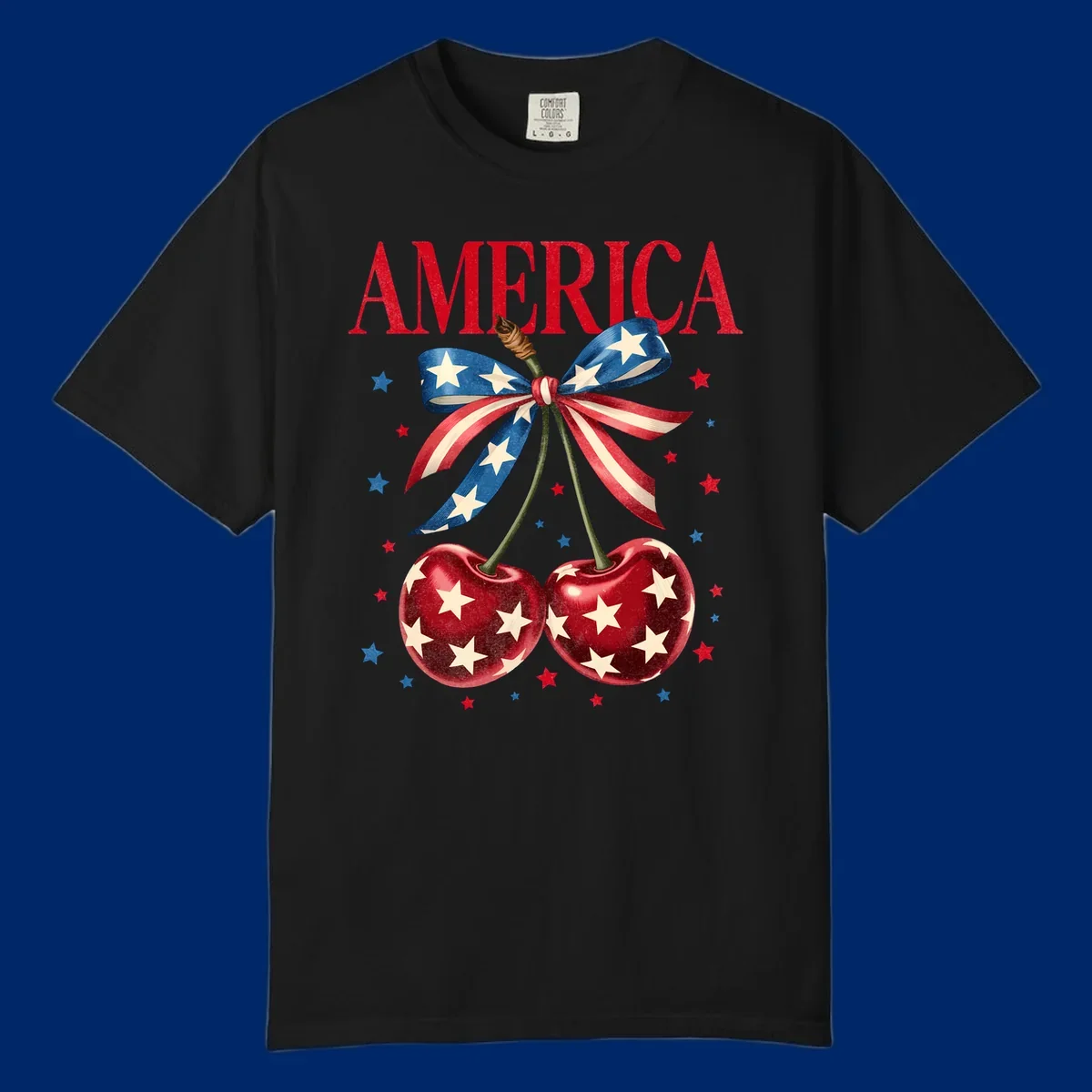 Vintage patriotic artwork featuring red 'AMERICA' text, two red cherries with white stars, and an American flag ribbon. Scattered red and blue stars complete this America-cherries-stars design.
