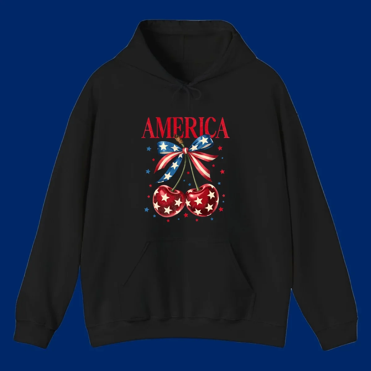 Vintage patriotic artwork featuring red 'AMERICA' text, two red cherries with white stars, and an American flag ribbon. Scattered red and blue stars complete this America-cherries-stars design.