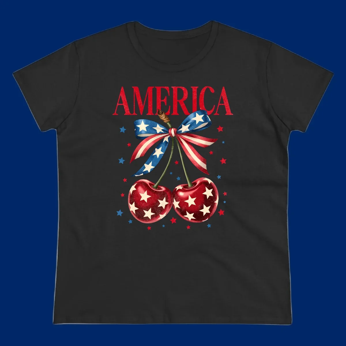 Vintage patriotic artwork featuring red 'AMERICA' text, two red cherries with white stars, and an American flag ribbon. Scattered red and blue stars complete this America-cherries-stars design.