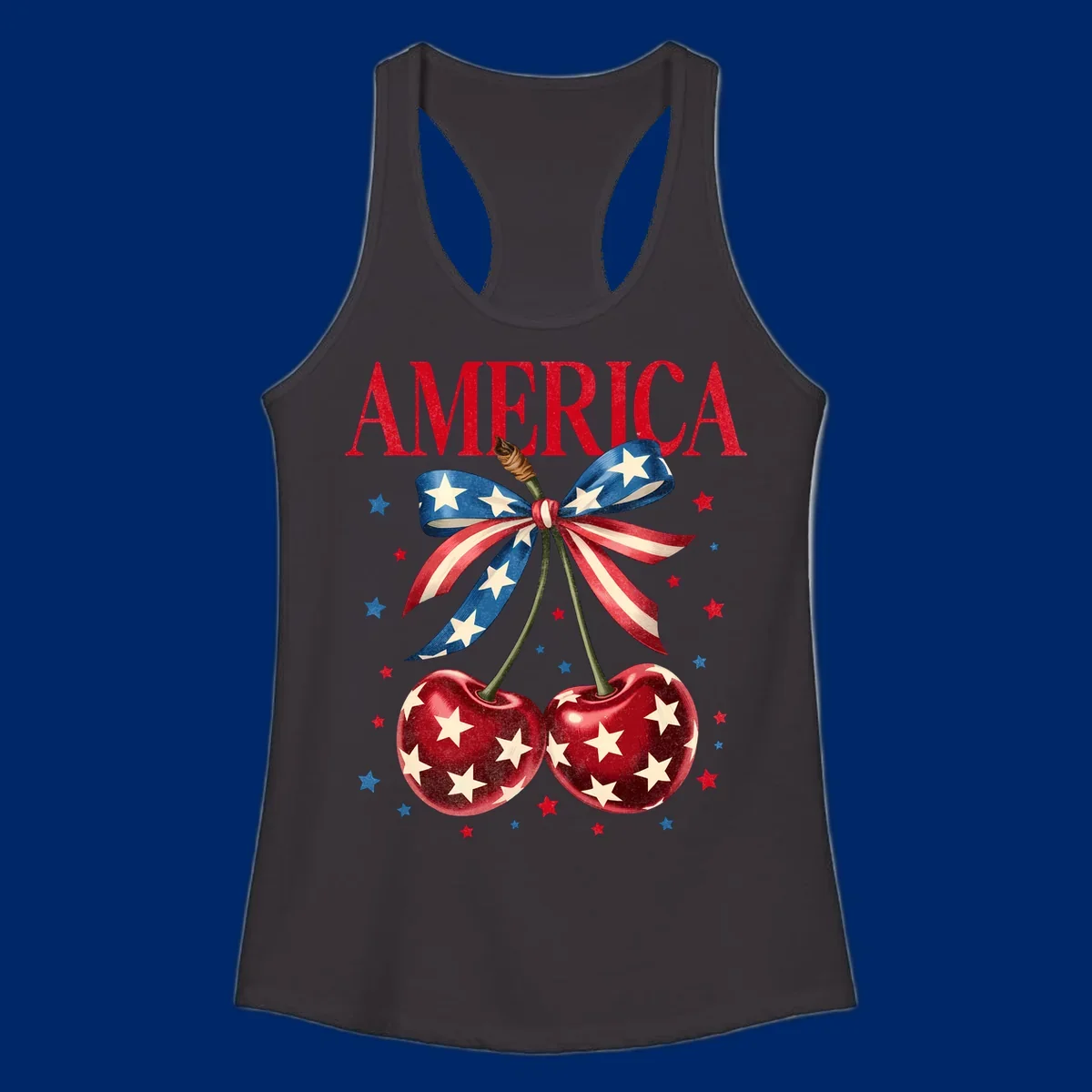 Vintage patriotic artwork featuring red 'AMERICA' text, two red cherries with white stars, and an American flag ribbon. Scattered red and blue stars complete this America-cherries-stars design.