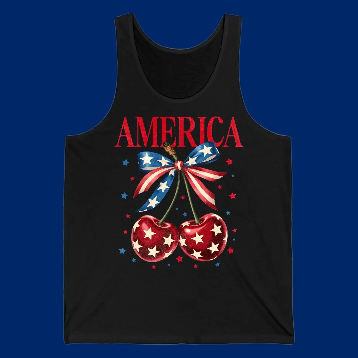 Vintage patriotic artwork featuring red 'AMERICA' text, two red cherries with white stars, and an American flag ribbon. Scattered red and blue stars complete this America-cherries-stars design.