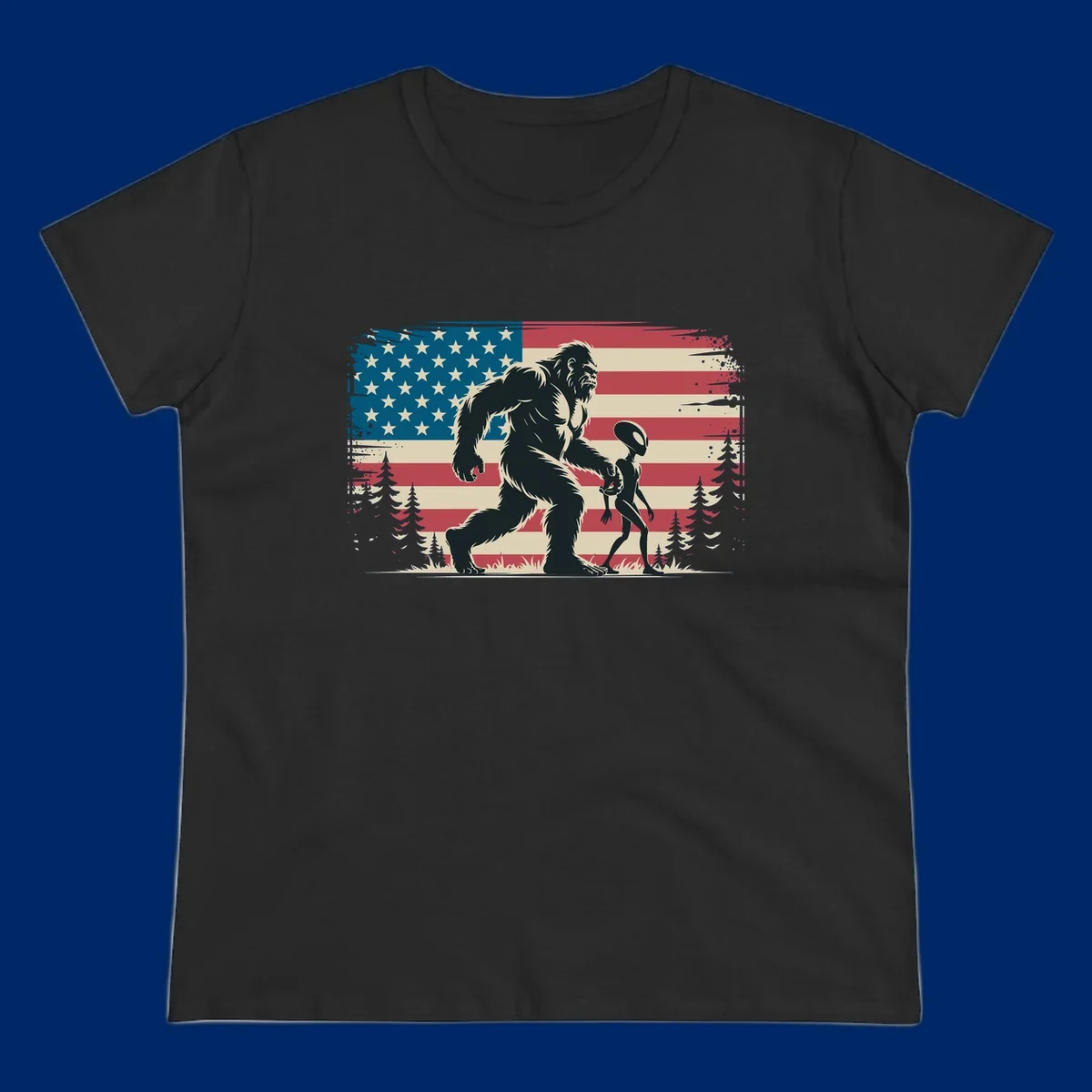 A vintage illustration of Bigfoot and a grey alien walking through a forest, set against a distressed bigfoot-alien-american-flag.