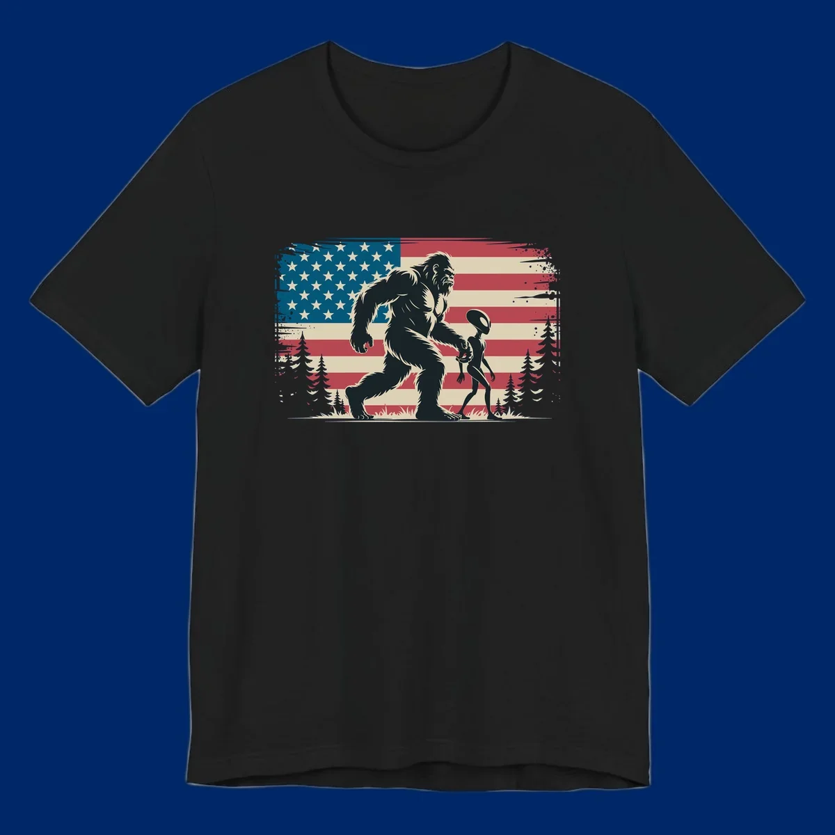 A vintage illustration of Bigfoot and a grey alien walking through a forest, set against a distressed bigfoot-alien-american-flag.