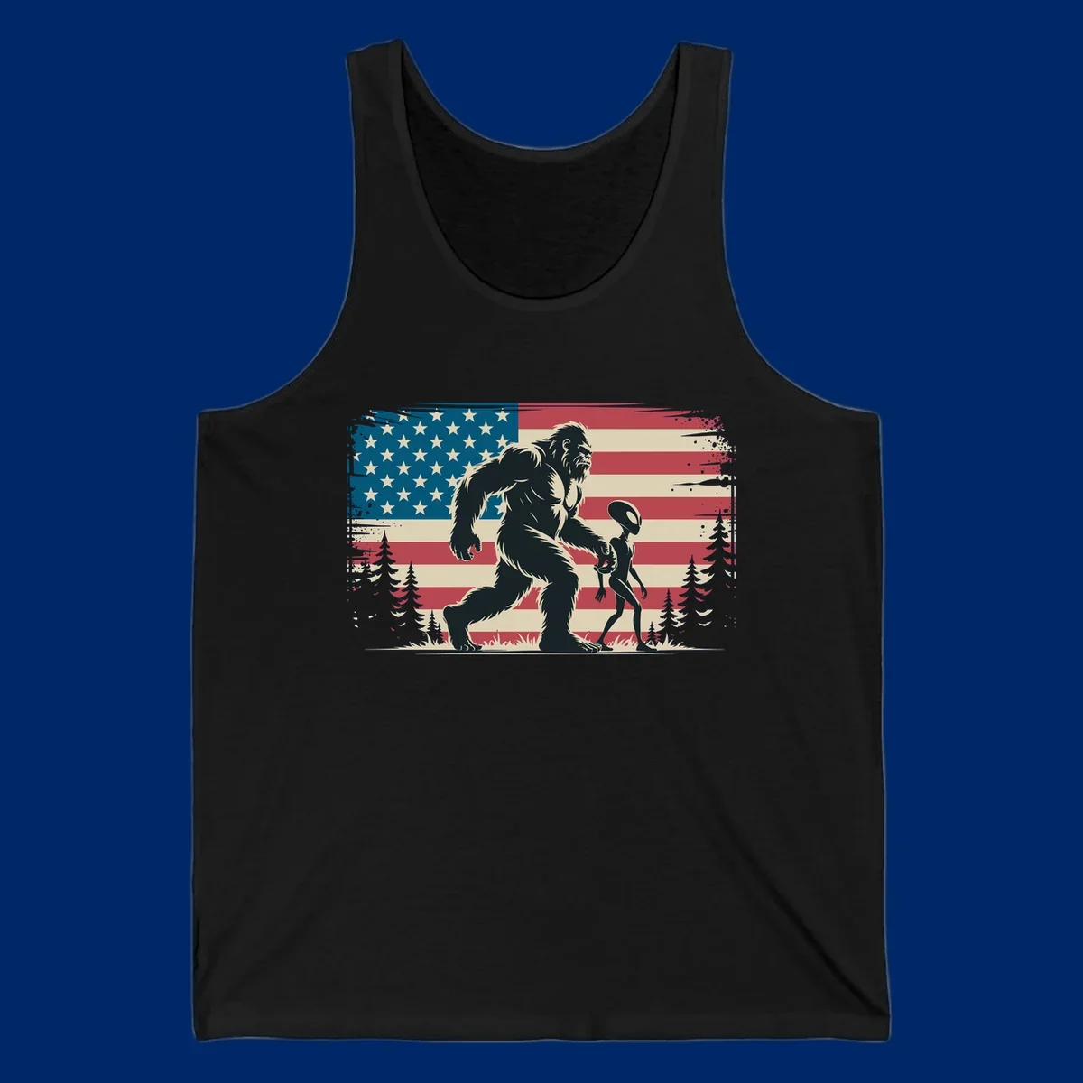 A vintage illustration of Bigfoot and a grey alien walking through a forest, set against a distressed bigfoot-alien-american-flag.