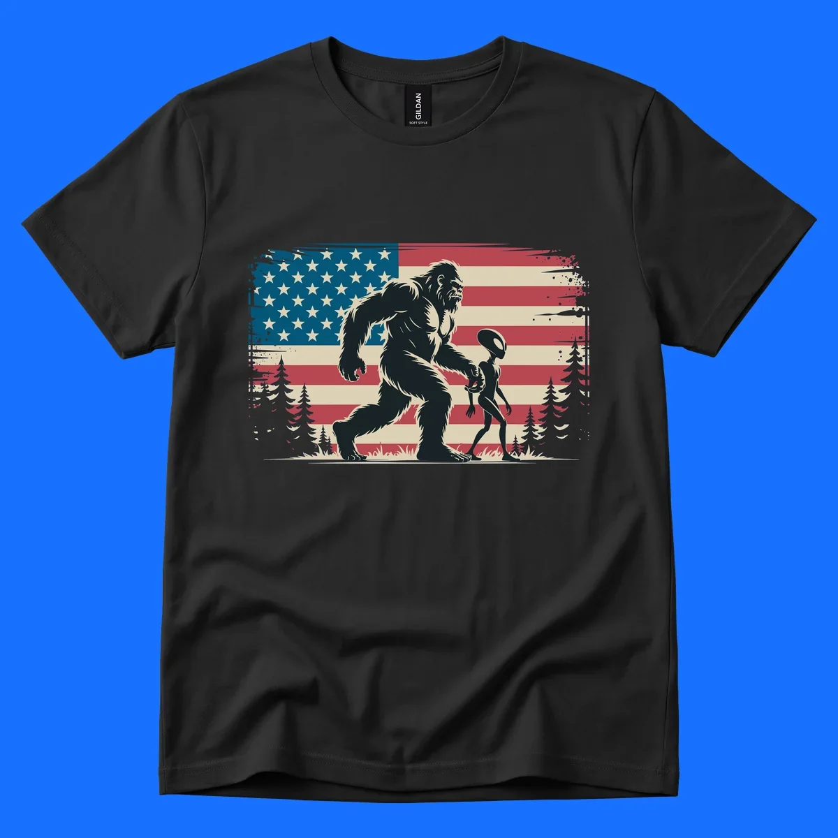 A vintage illustration of Bigfoot and a grey alien walking through a forest, set against a distressed bigfoot-alien-american-flag.