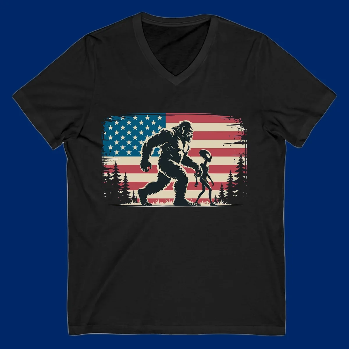 A vintage illustration of Bigfoot and a grey alien walking through a forest, set against a distressed bigfoot-alien-american-flag.