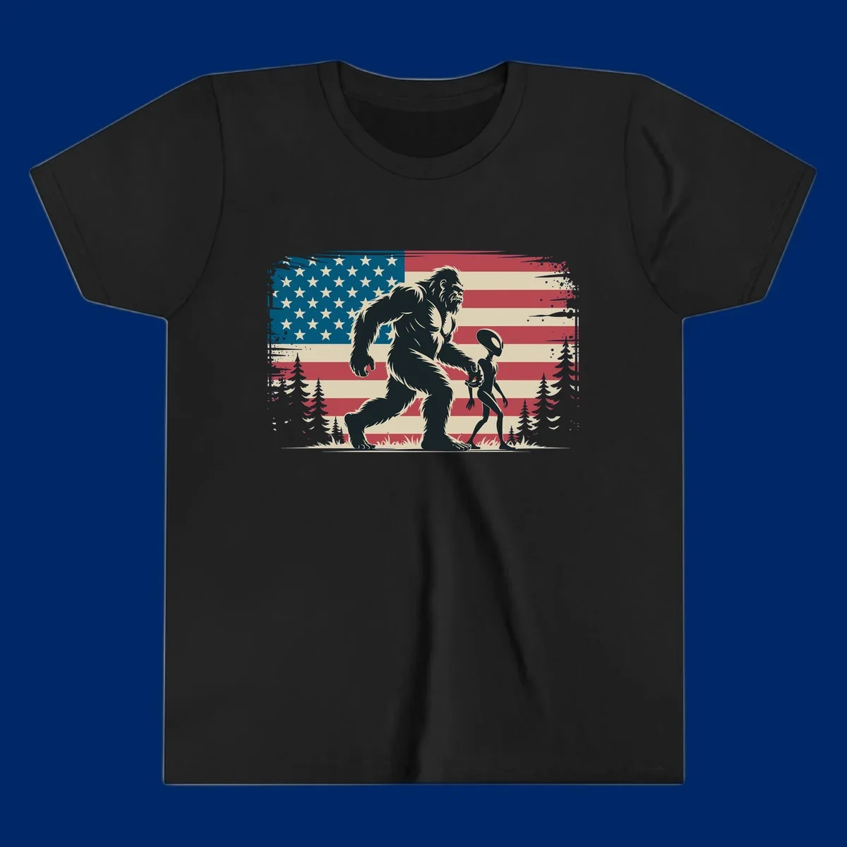 A vintage illustration of Bigfoot and a grey alien walking through a forest, set against a distressed bigfoot-alien-american-flag.