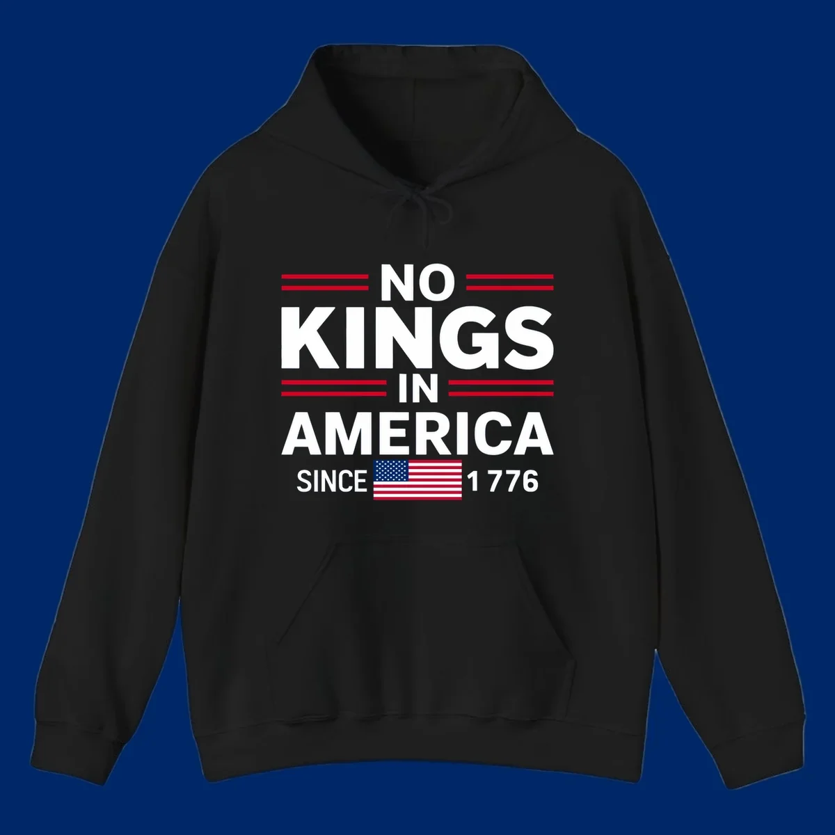 A patriotic design featuring 'KINGS AMERICA SINCE 1776' with red double lines and an American flag, celebrating the kings-america-since-1776 spirit.