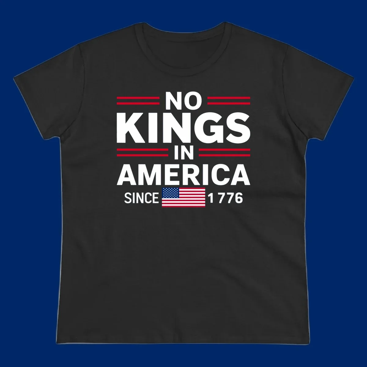A patriotic design featuring 'KINGS AMERICA SINCE 1776' with red double lines and an American flag, celebrating the kings-america-since-1776 spirit.