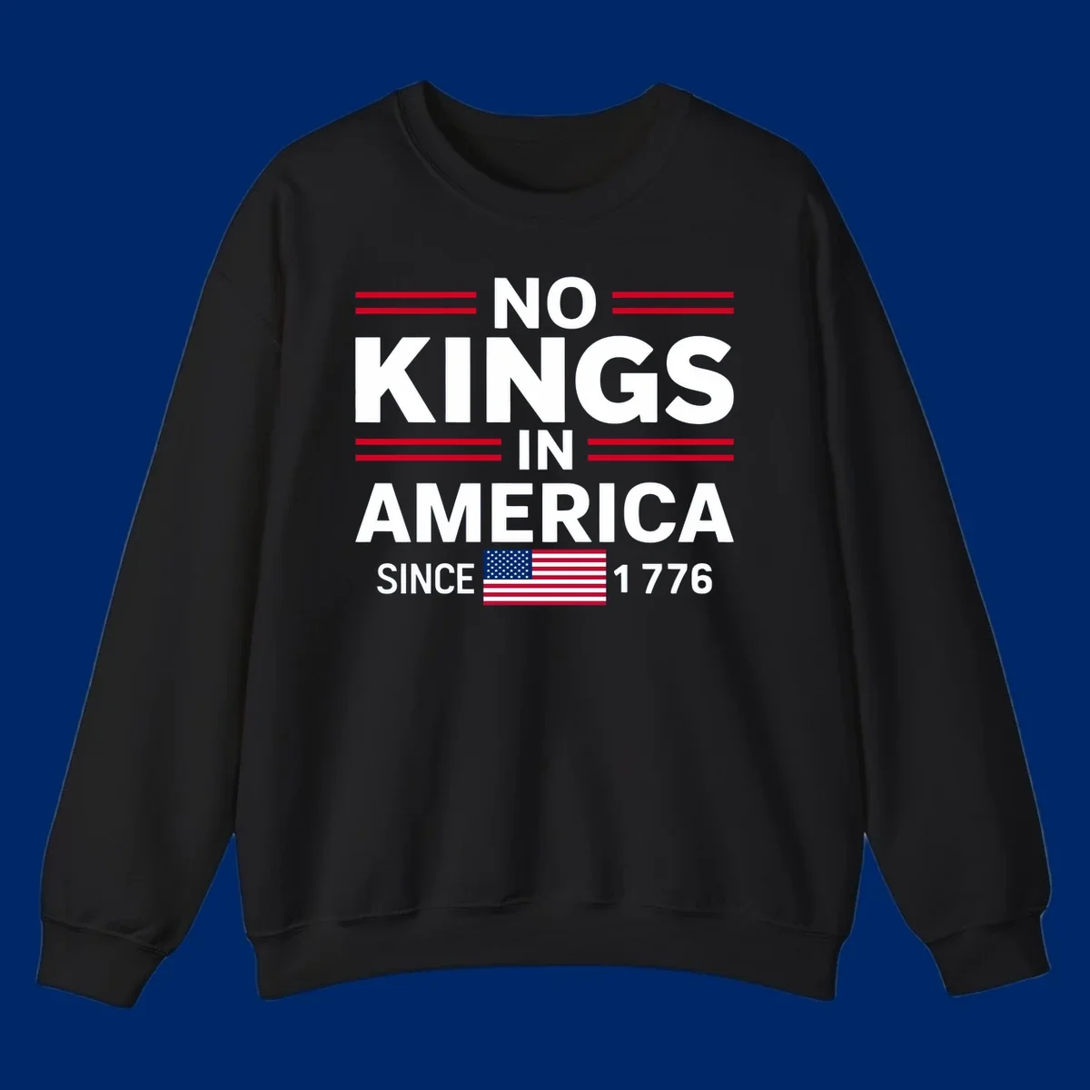 A patriotic design featuring 'KINGS AMERICA SINCE 1776' with red double lines and an American flag, celebrating the kings-america-since-1776 spirit.