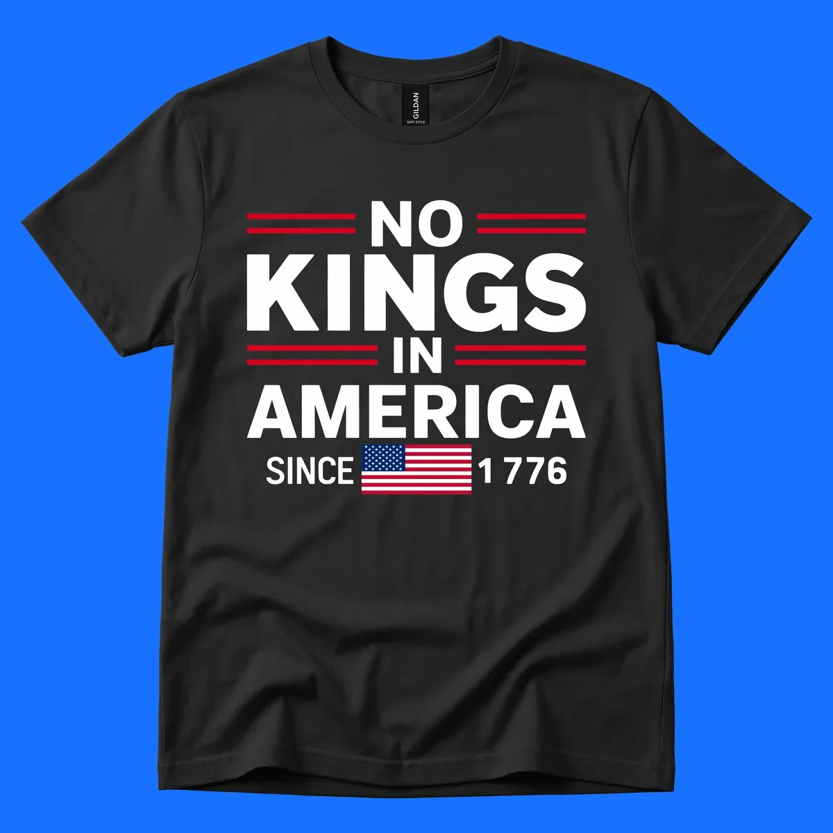 A patriotic design featuring 'KINGS AMERICA SINCE 1776' with red double lines and an American flag, celebrating the kings-america-since-1776 spirit.