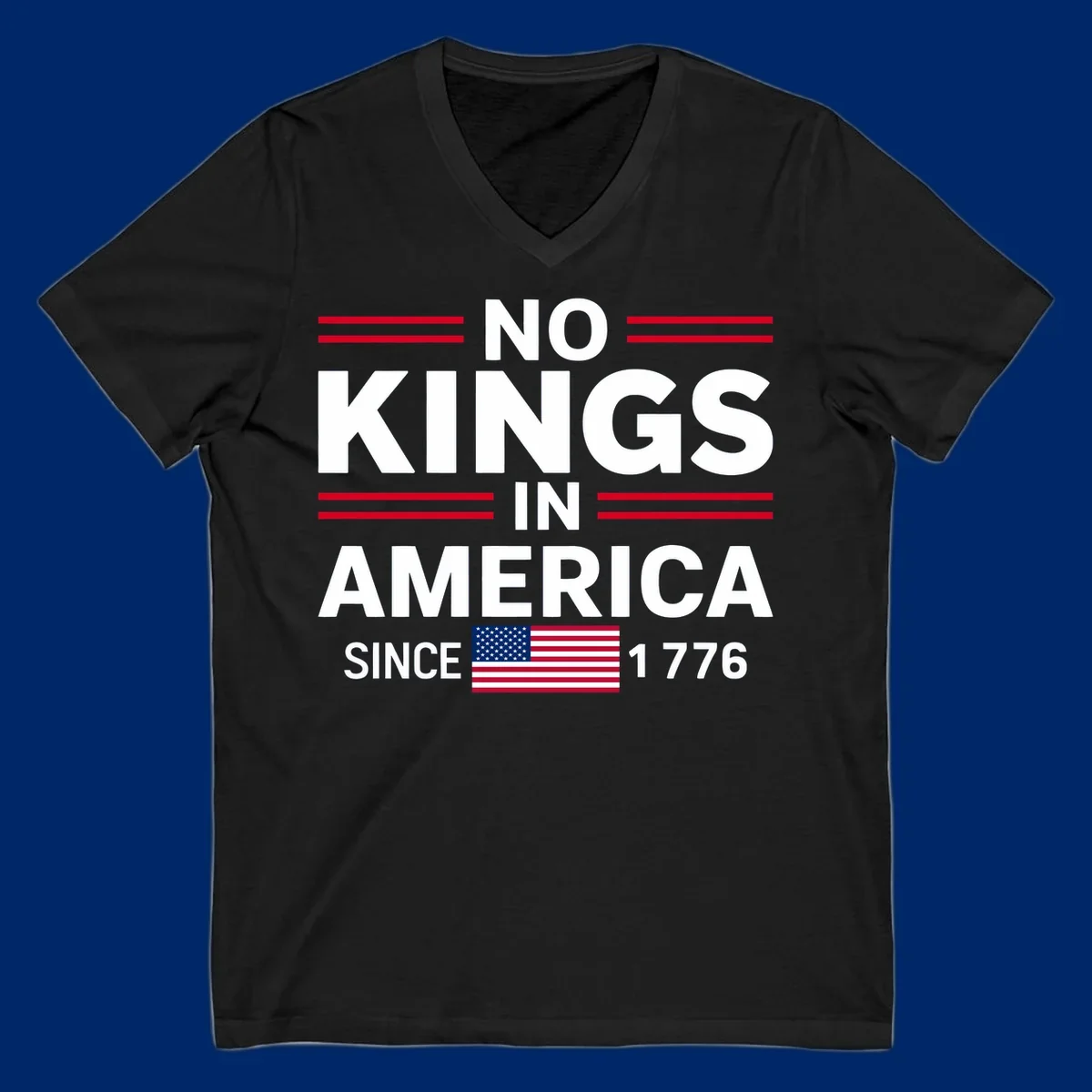 A patriotic design featuring 'KINGS AMERICA SINCE 1776' with red double lines and an American flag, celebrating the kings-america-since-1776 spirit.