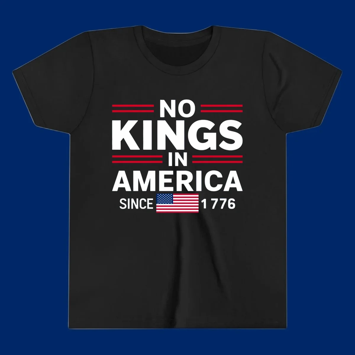 A patriotic design featuring 'KINGS AMERICA SINCE 1776' with red double lines and an American flag, celebrating the kings-america-since-1776 spirit.