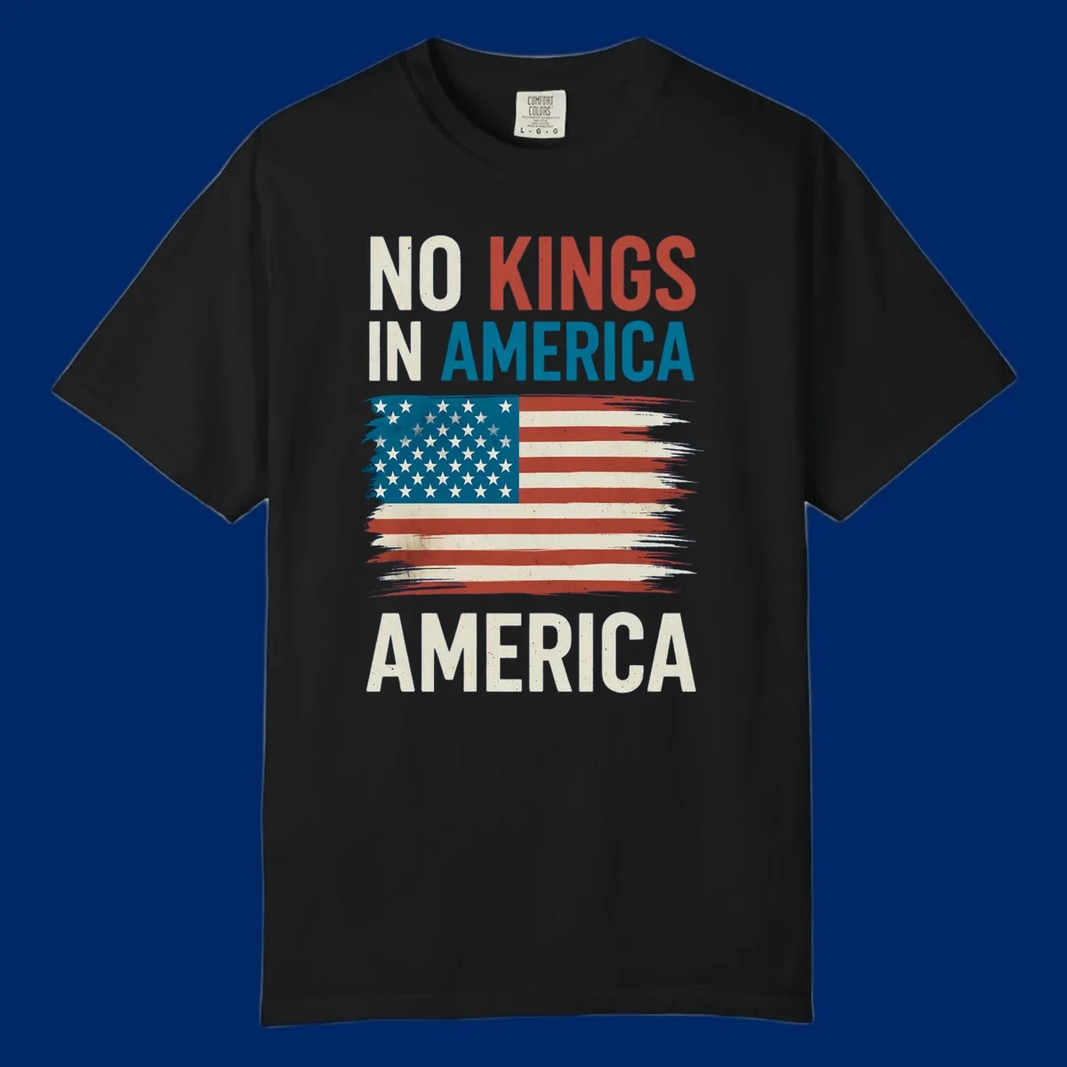 Distressed American flag design with the text 'NO KINGS IN AMERICA' above and 'AMERICA' below, representing the no-kings-in-america-flag concept.