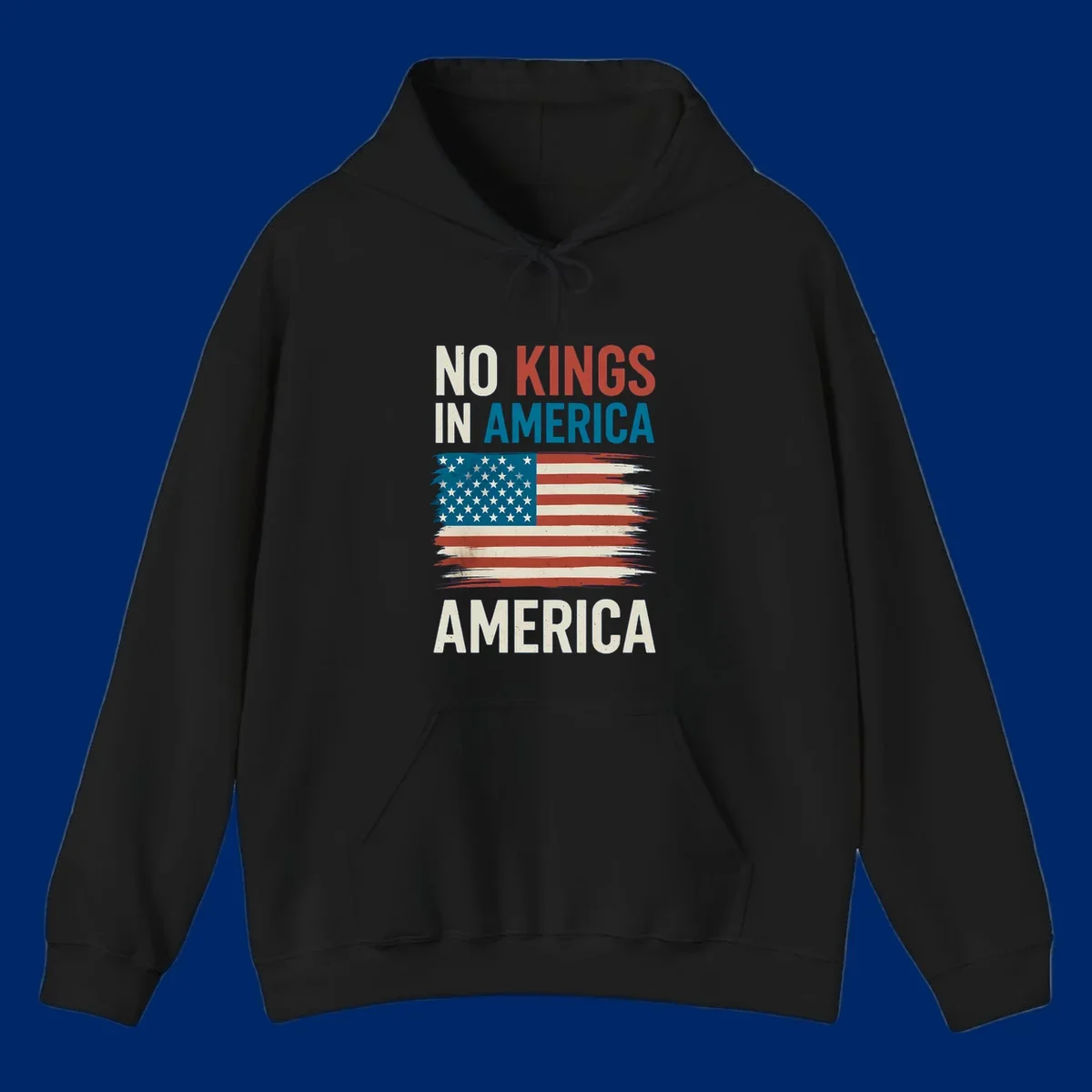 Distressed American flag design with the text 'NO KINGS IN AMERICA' above and 'AMERICA' below, representing the no-kings-in-america-flag concept.