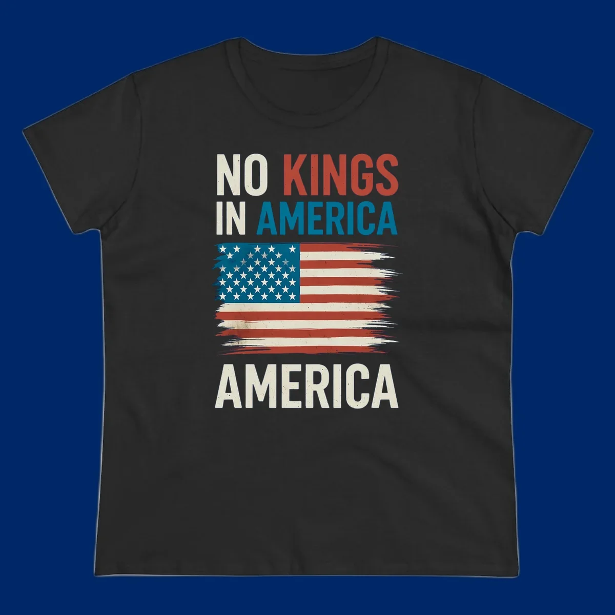 Distressed American flag design with the text 'NO KINGS IN AMERICA' above and 'AMERICA' below, representing the no-kings-in-america-flag concept.