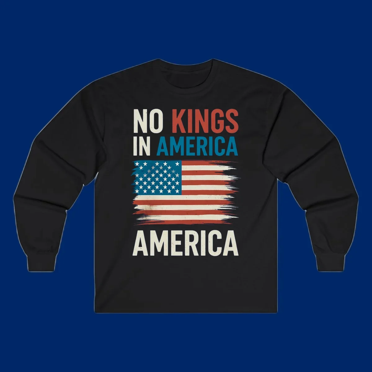 Distressed American flag design with the text 'NO KINGS IN AMERICA' above and 'AMERICA' below, representing the no-kings-in-america-flag concept.