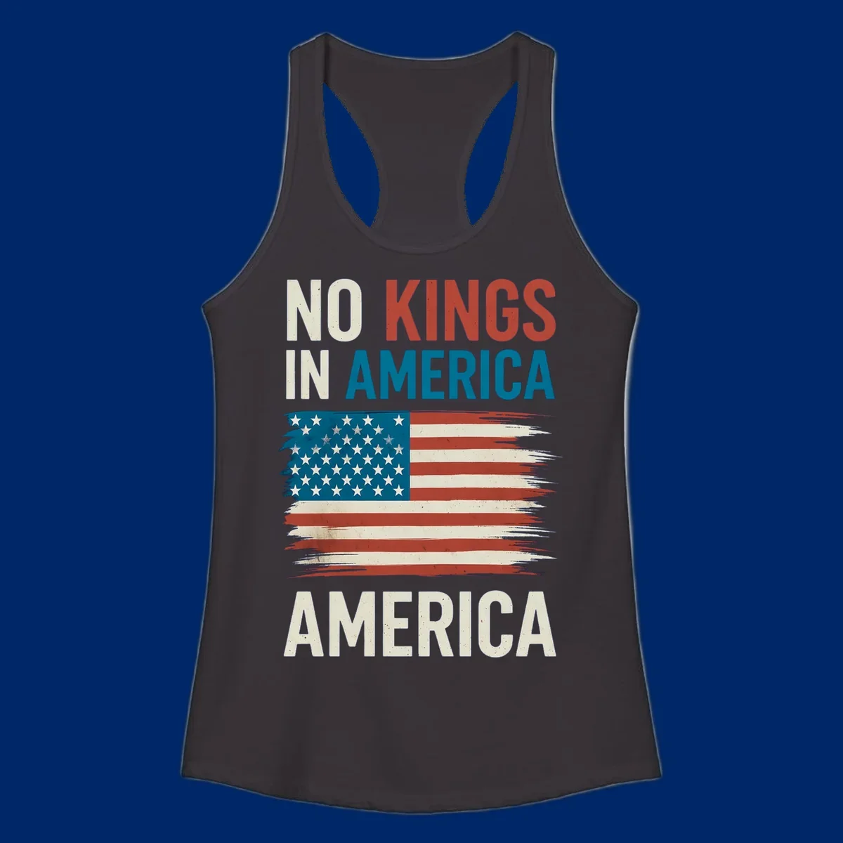 Distressed American flag design with the text 'NO KINGS IN AMERICA' above and 'AMERICA' below, representing the no-kings-in-america-flag concept.