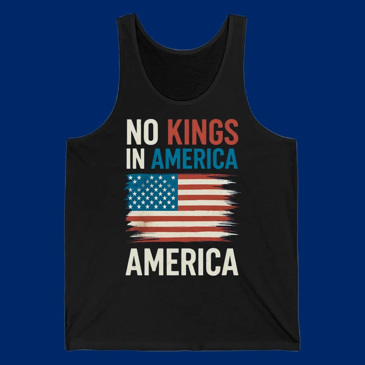Distressed American flag design with the text 'NO KINGS IN AMERICA' above and 'AMERICA' below, representing the no-kings-in-america-flag concept.