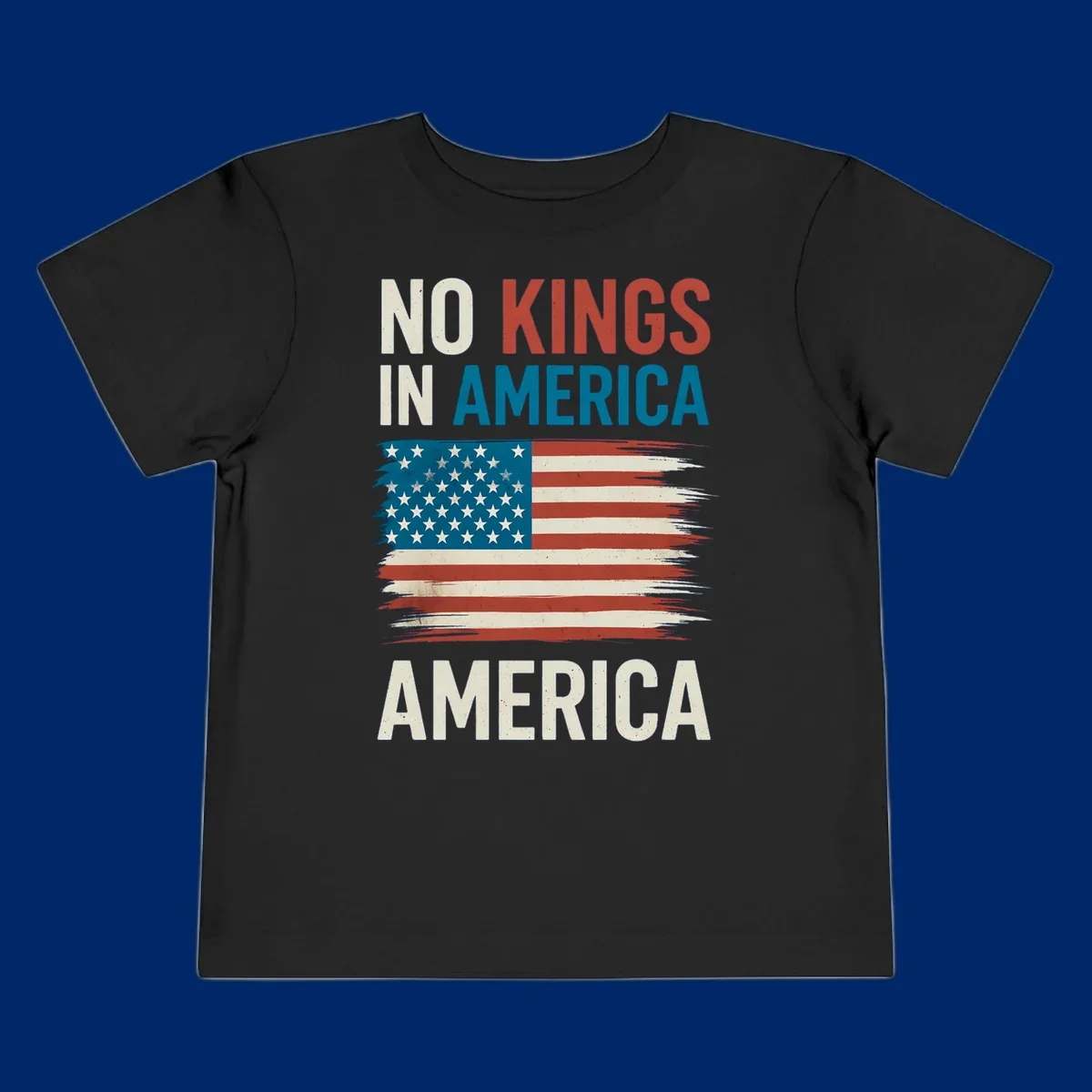 Distressed American flag design with the text 'NO KINGS IN AMERICA' above and 'AMERICA' below, representing the no-kings-in-america-flag concept.
