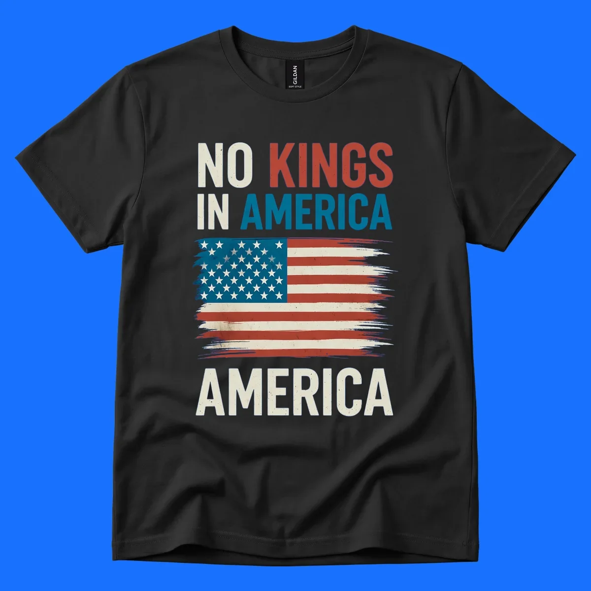 Distressed American flag design with the text 'NO KINGS IN AMERICA' above and 'AMERICA' below, representing the no-kings-in-america-flag concept.
