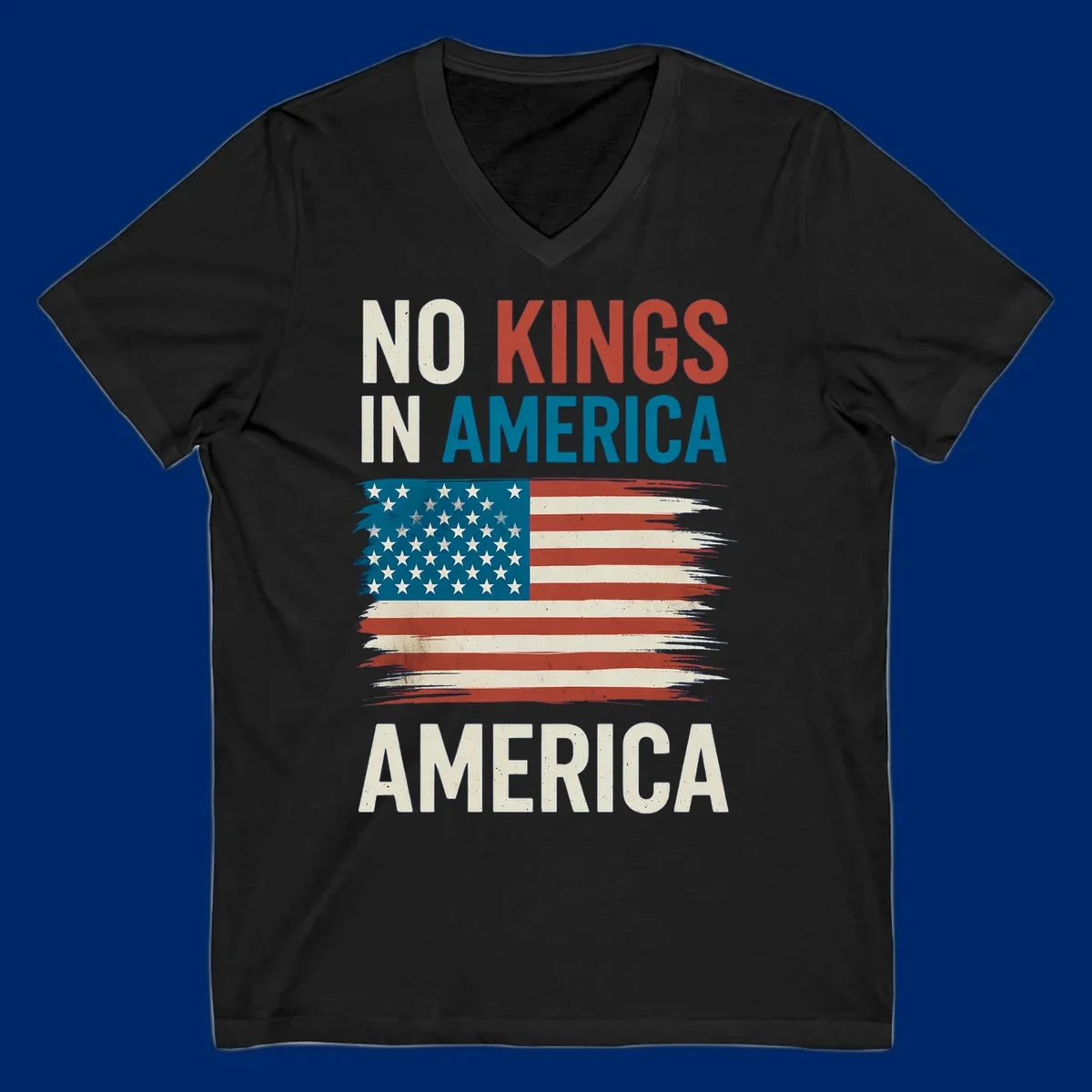 Distressed American flag design with the text 'NO KINGS IN AMERICA' above and 'AMERICA' below, representing the no-kings-in-america-flag concept.