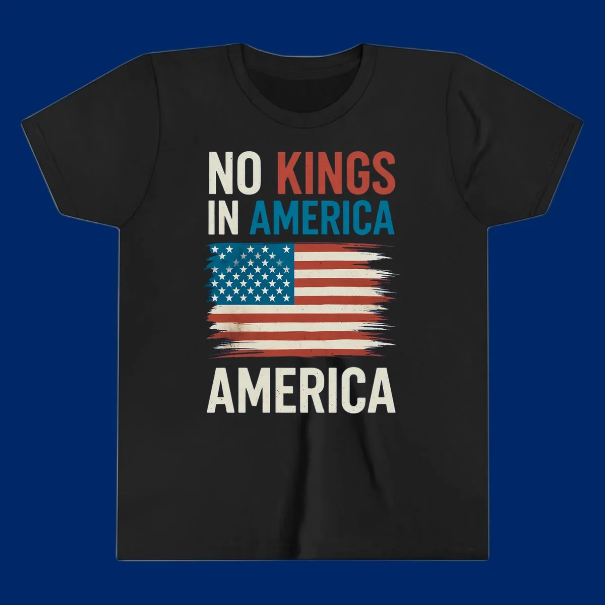 Distressed American flag design with the text 'NO KINGS IN AMERICA' above and 'AMERICA' below, representing the no-kings-in-america-flag concept.
