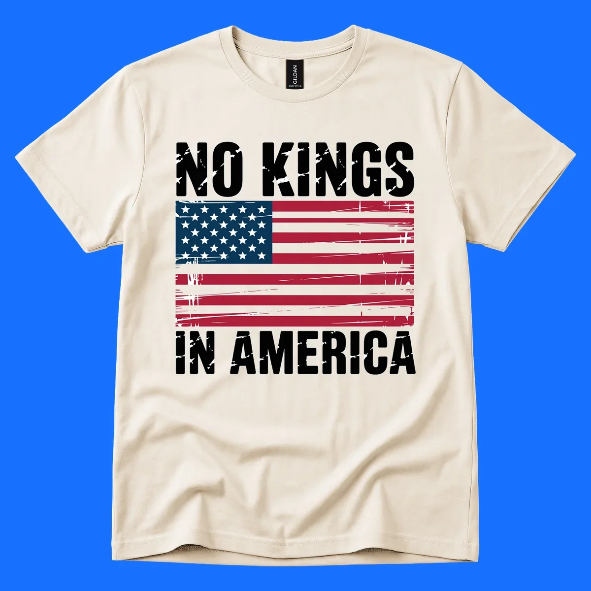 Distressed American flag with 'NO KINGS' above and 'IN AMERICA' below, symbolizing the no-kings-america-flag concept.