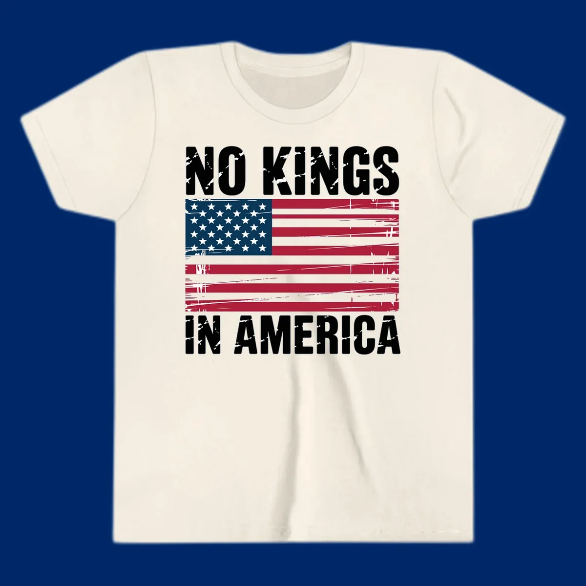 Distressed American flag with 'NO KINGS' above and 'IN AMERICA' below, symbolizing the no-kings-america-flag concept.