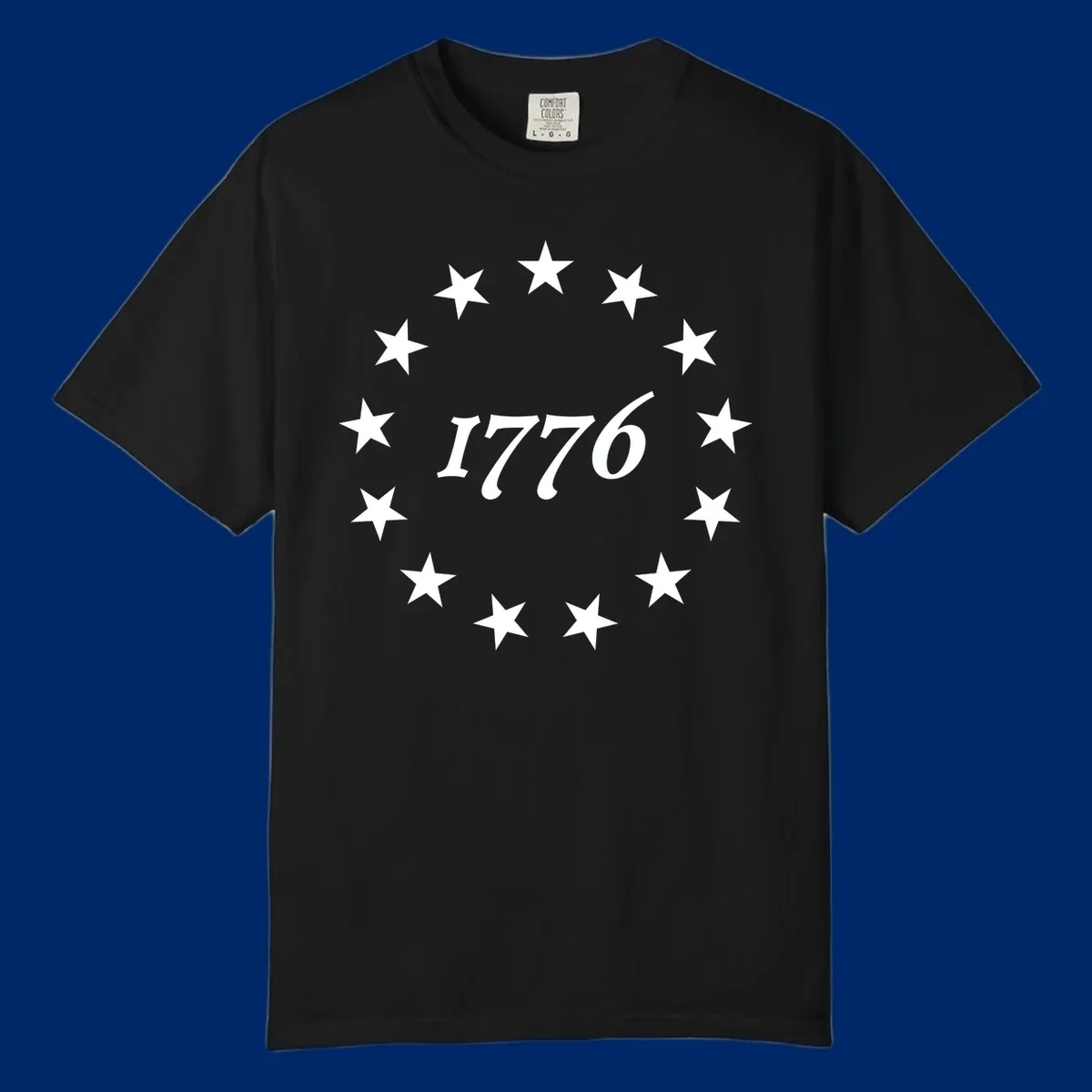 A black background design with white stylized text 'EST 1776' surrounded by white five-pointed stars, celebrating America 250th anniversary.
