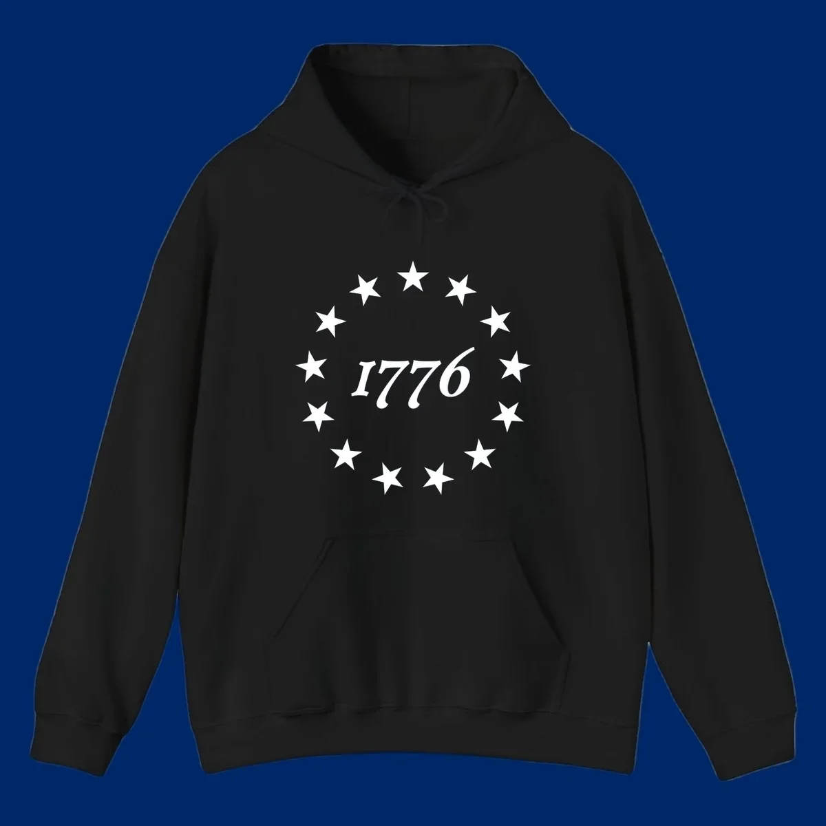 A black background design with white stylized text 'EST 1776' surrounded by white five-pointed stars, celebrating America 250th anniversary.