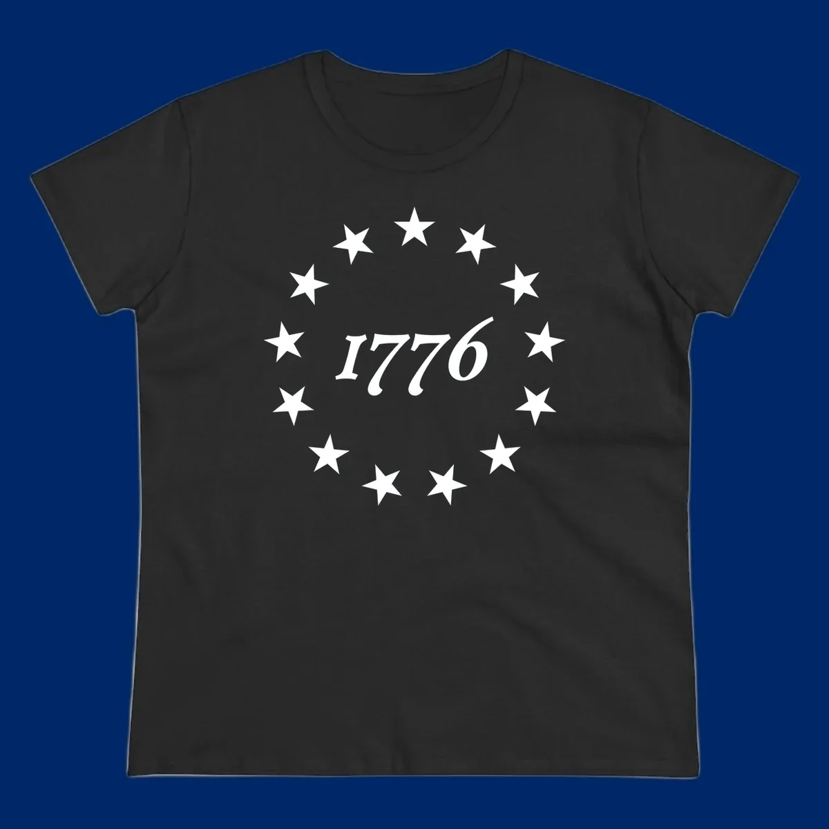 A black background design with white stylized text 'EST 1776' surrounded by white five-pointed stars, celebrating America 250th anniversary.