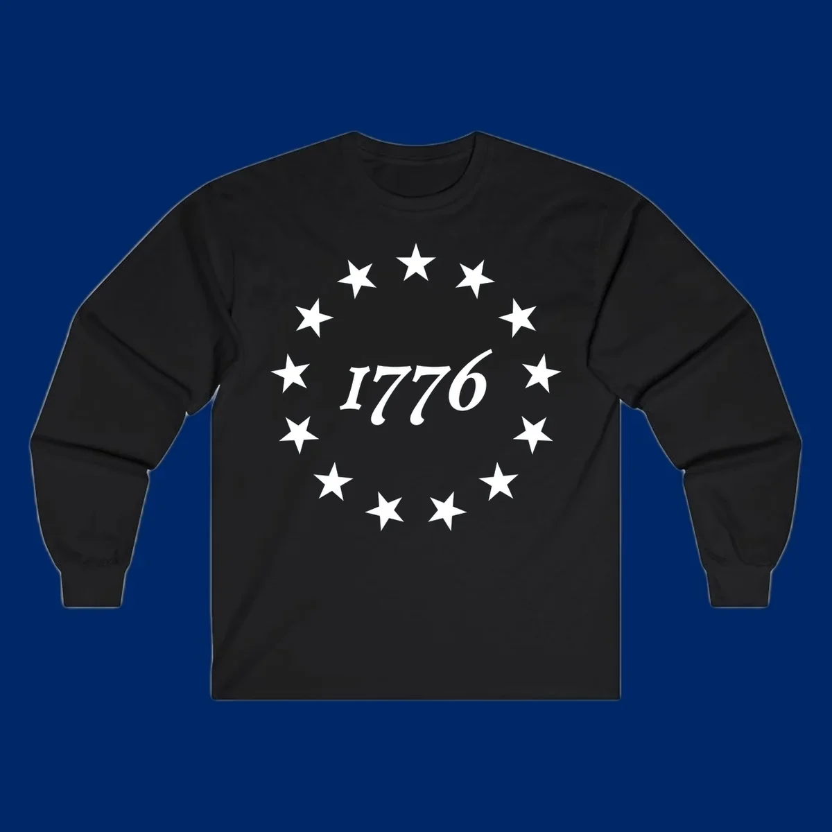 A black background design with white stylized text 'EST 1776' surrounded by white five-pointed stars, celebrating America 250th anniversary.
