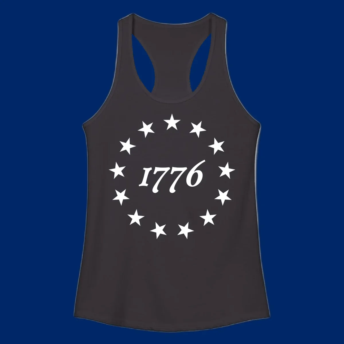 A black background design with white stylized text 'EST 1776' surrounded by white five-pointed stars, celebrating America 250th anniversary.