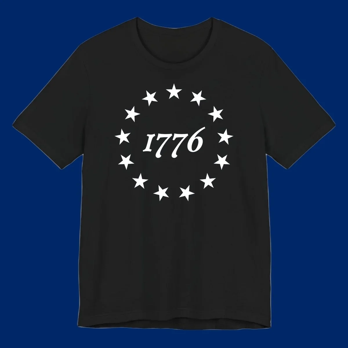 A black background design with white stylized text 'EST 1776' surrounded by white five-pointed stars, celebrating America 250th anniversary.