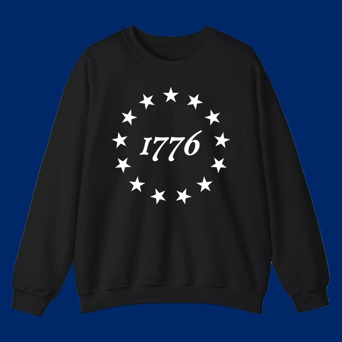 A black background design with white stylized text 'EST 1776' surrounded by white five-pointed stars, celebrating America 250th anniversary.