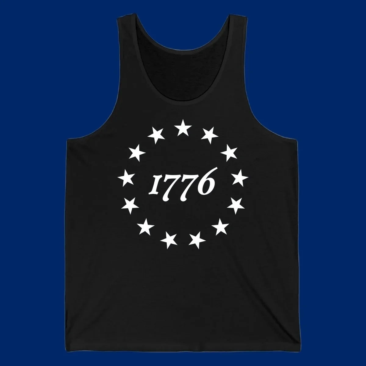 A black background design with white stylized text 'EST 1776' surrounded by white five-pointed stars, celebrating America 250th anniversary.