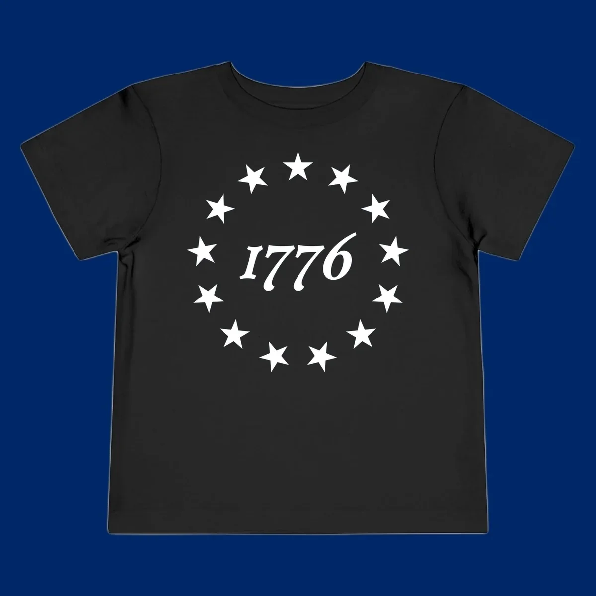 A black background design with white stylized text 'EST 1776' surrounded by white five-pointed stars, celebrating America 250th anniversary.