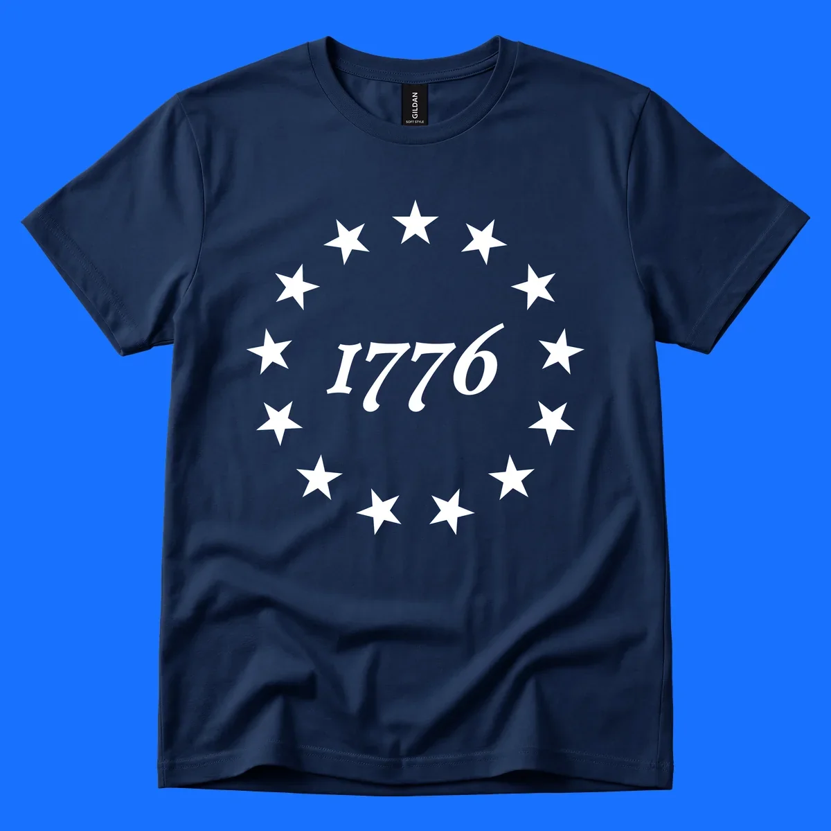 A black background design with white stylized text 'EST 1776' surrounded by white five-pointed stars, celebrating America 250th anniversary.