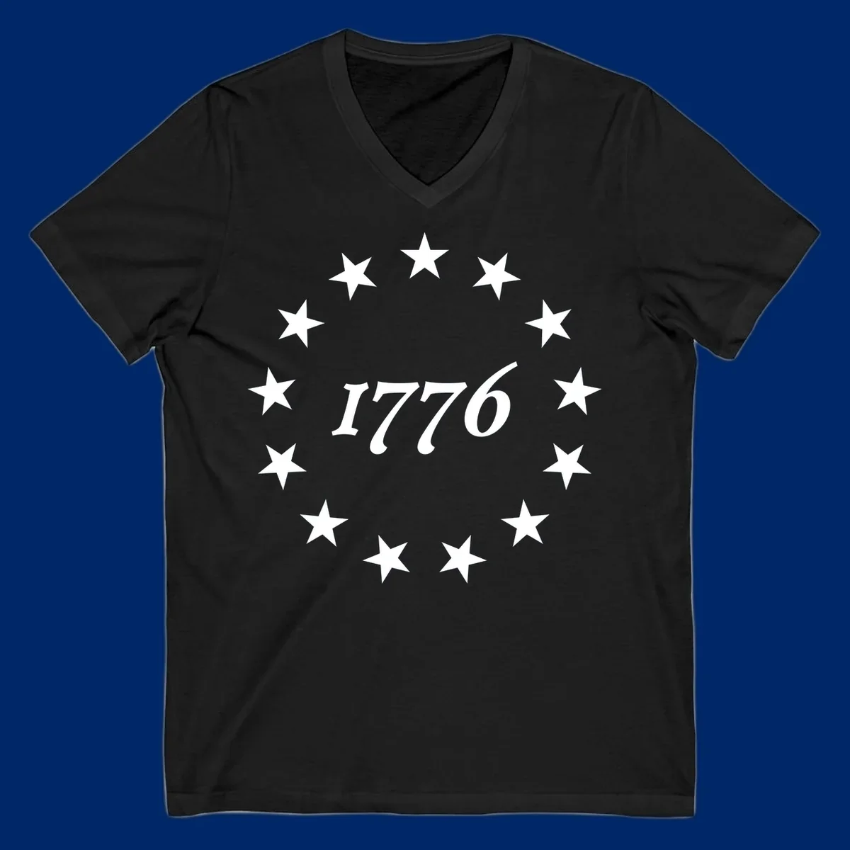 A black background design with white stylized text 'EST 1776' surrounded by white five-pointed stars, celebrating America 250th anniversary.