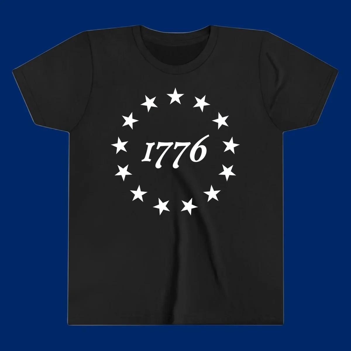 A black background design with white stylized text 'EST 1776' surrounded by white five-pointed stars, celebrating America 250th anniversary.