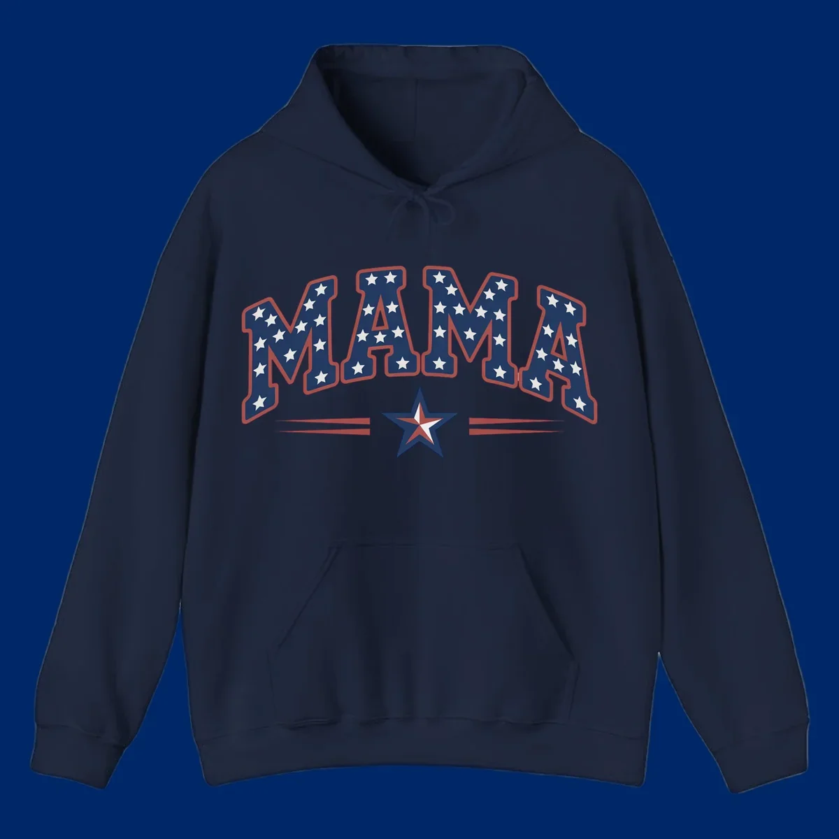 The word MAMA is styled in dark blue with white stars and a red outline. Below, a patriotic star graphic with red, white, and blue sections is flanked by red horizontal lines, representing patriotic-mama-stars.