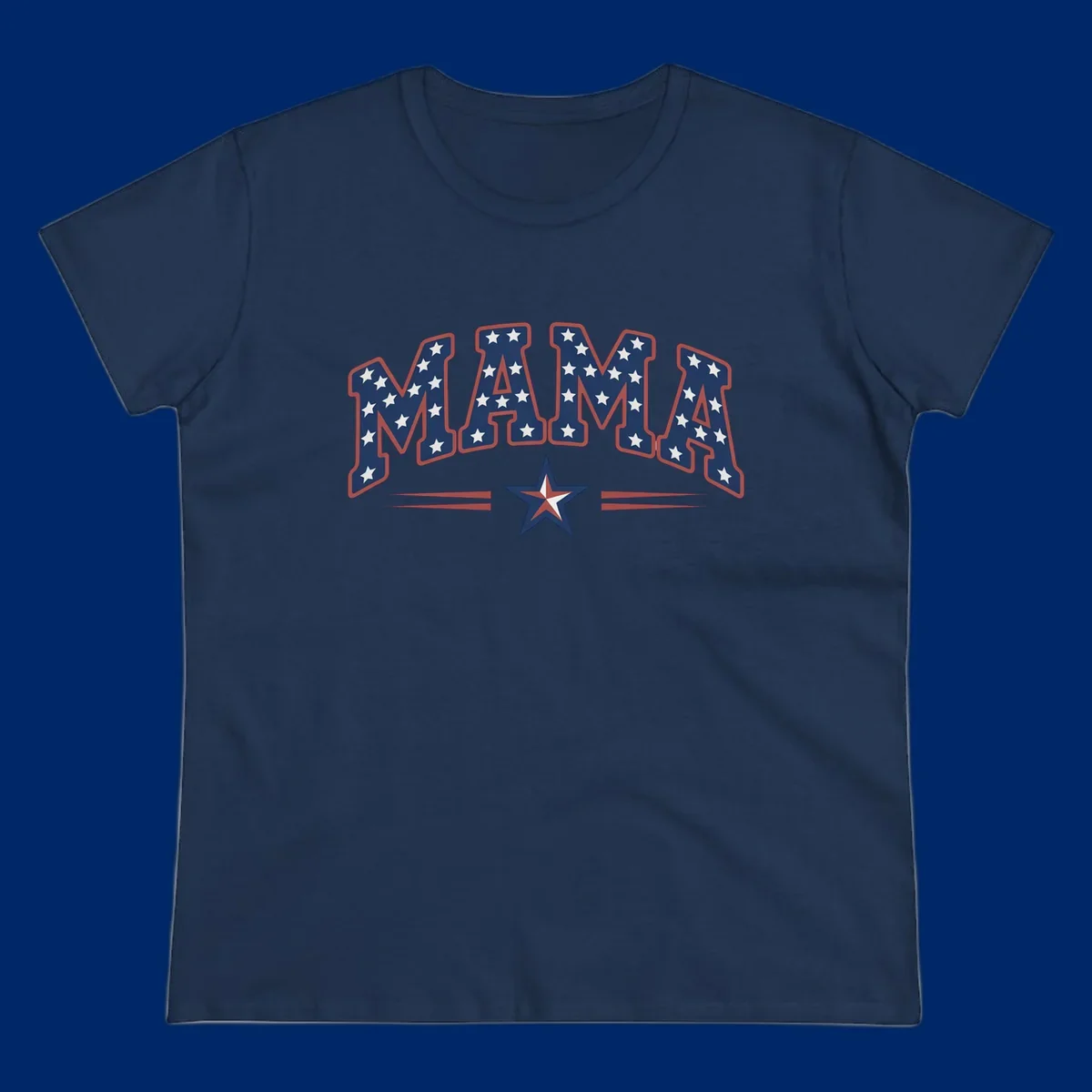The word MAMA is styled in dark blue with white stars and a red outline. Below, a patriotic star graphic with red, white, and blue sections is flanked by red horizontal lines, representing patriotic-mama-stars.