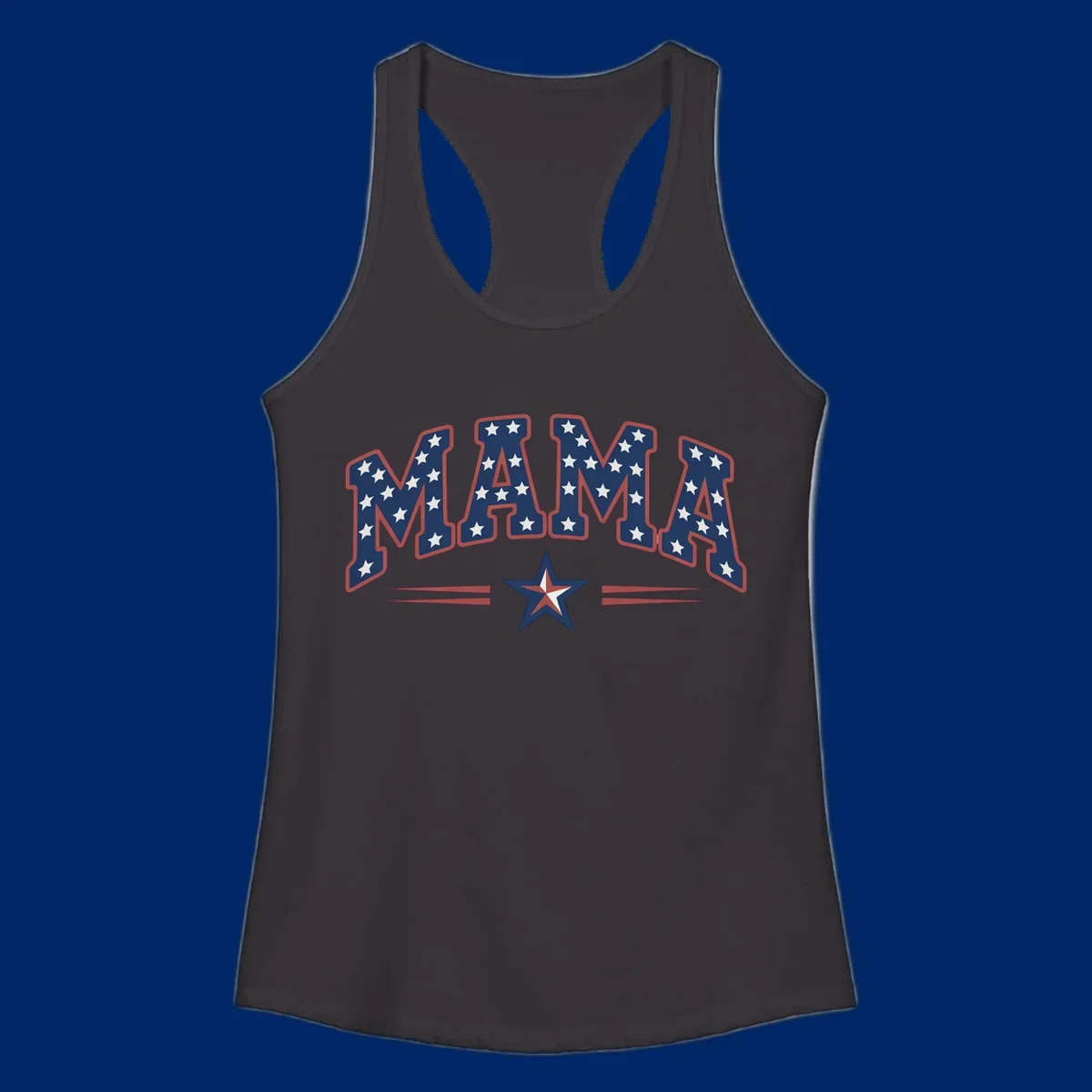 The word MAMA is styled in dark blue with white stars and a red outline. Below, a patriotic star graphic with red, white, and blue sections is flanked by red horizontal lines, representing patriotic-mama-stars.