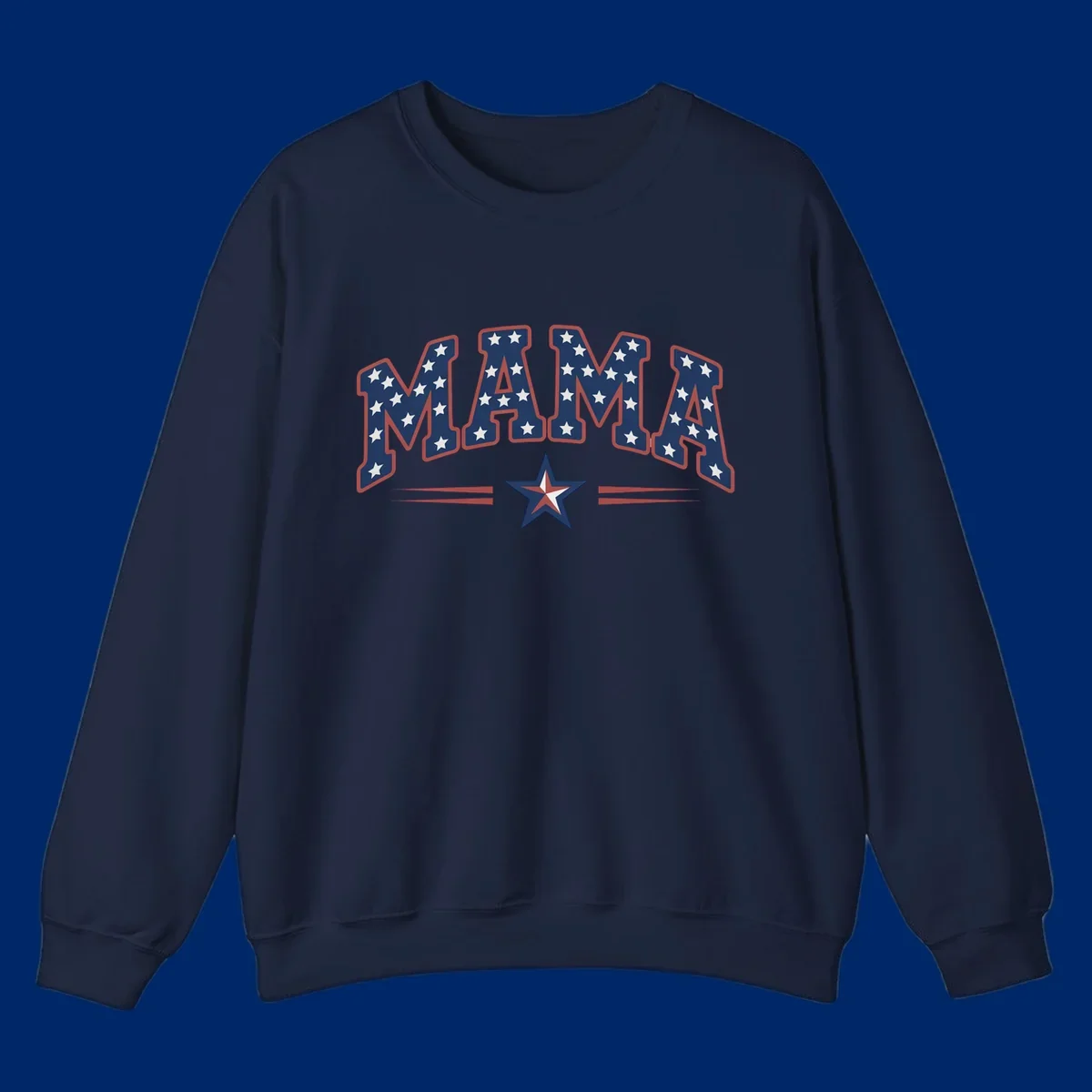 The word MAMA is styled in dark blue with white stars and a red outline. Below, a patriotic star graphic with red, white, and blue sections is flanked by red horizontal lines, representing patriotic-mama-stars.