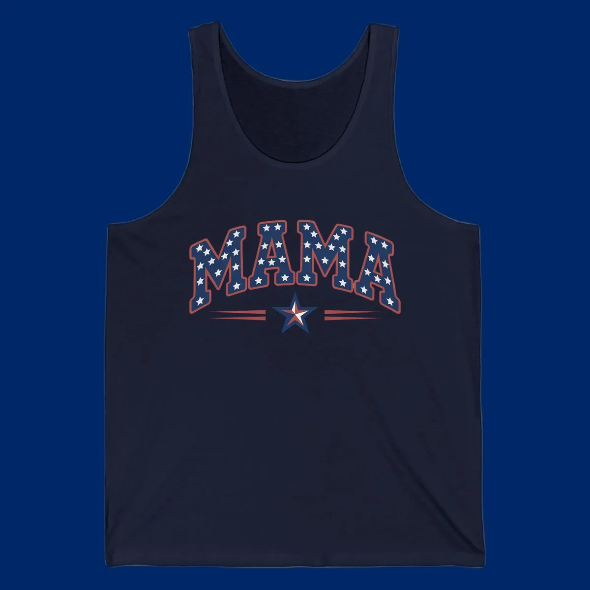 The word MAMA is styled in dark blue with white stars and a red outline. Below, a patriotic star graphic with red, white, and blue sections is flanked by red horizontal lines, representing patriotic-mama-stars.